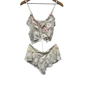 1980s Vintage Emile Bole Satin & Lace  Lingerie Set LRG Corset Top, MED Bottom